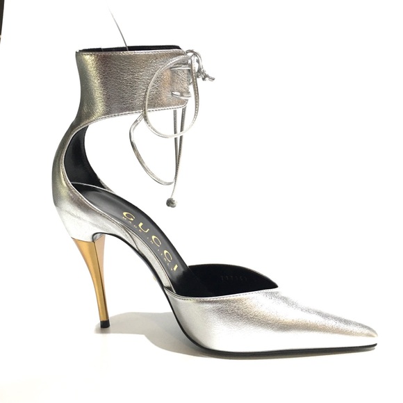 GUCCI ANKLE CUFF PUMPS -SILVER LEATHER / GOLD HEELS -US 7 -NEW - Picture 5 of 13